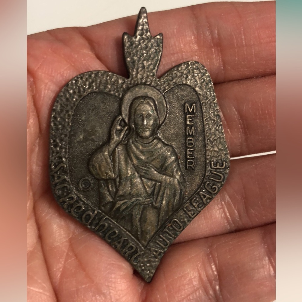 Vintage Religious Sacred Heart Member Auto League Heart-Shaped Pewter Medallion